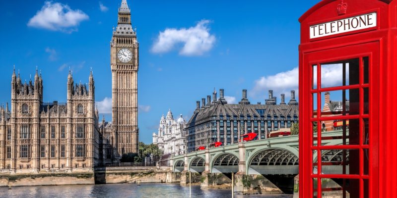 London symbols with BIG BEN, DOUBLE DECKER BUSES and Red Phone Booth in England, UK